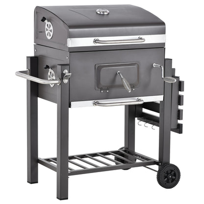 Charcoal Grill BBQ Trolley Wheels Garden Metal Barbecue W/ Shelf Grey