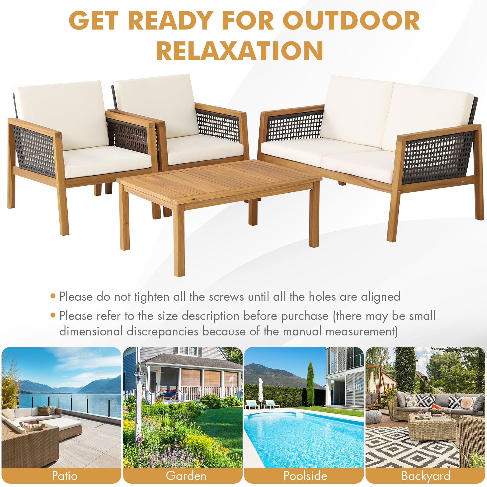 4-Piece Patio Acacia Wood Furniture Set with Removable Cushions