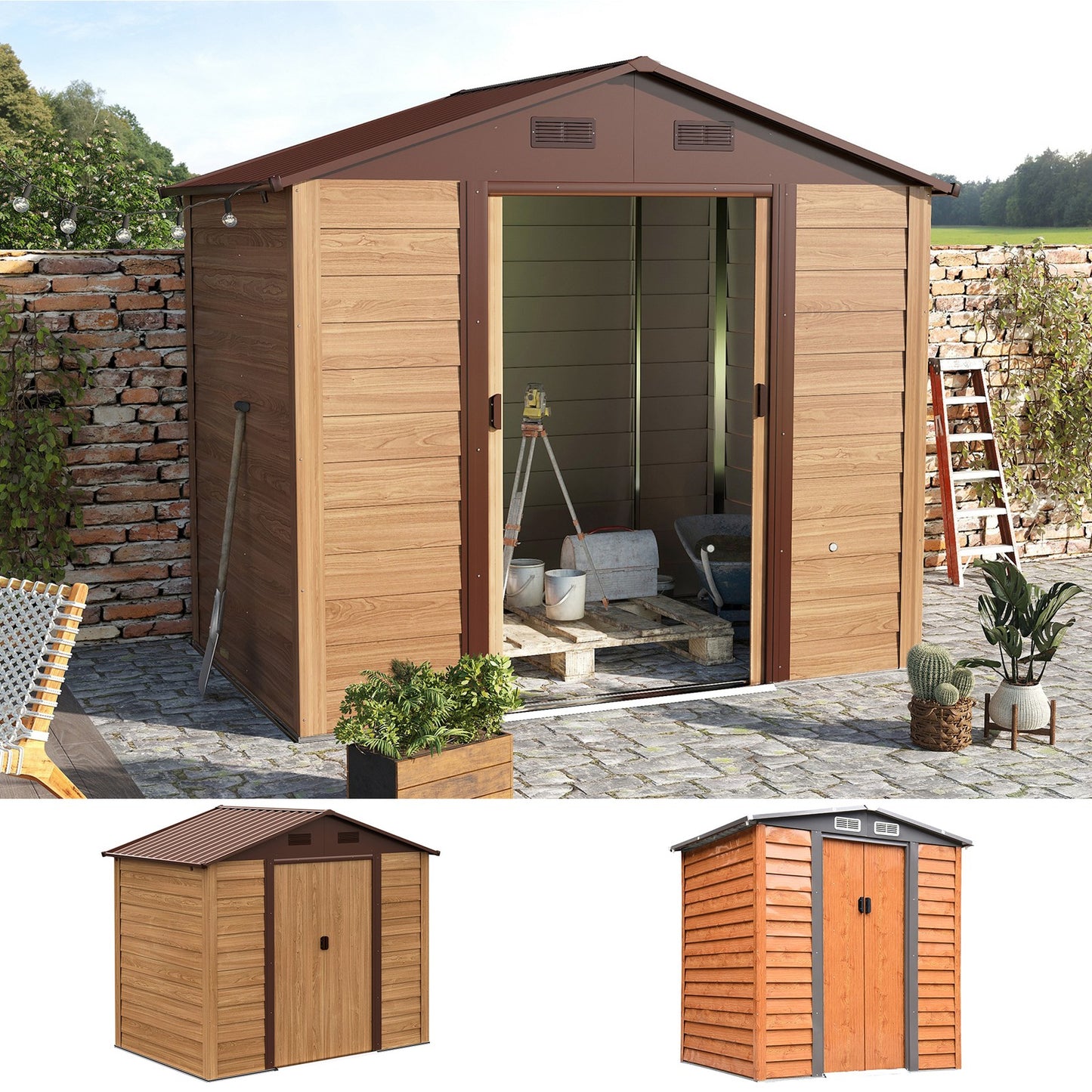 Garden Shed Tool Storage Overlap Construction Sliding Door Brown Wood Grain
