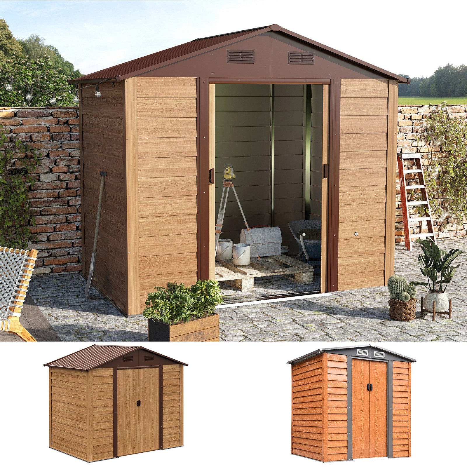 Garden Shed Tool Storage Overlap Construction Sliding Door Brown Wood Grain