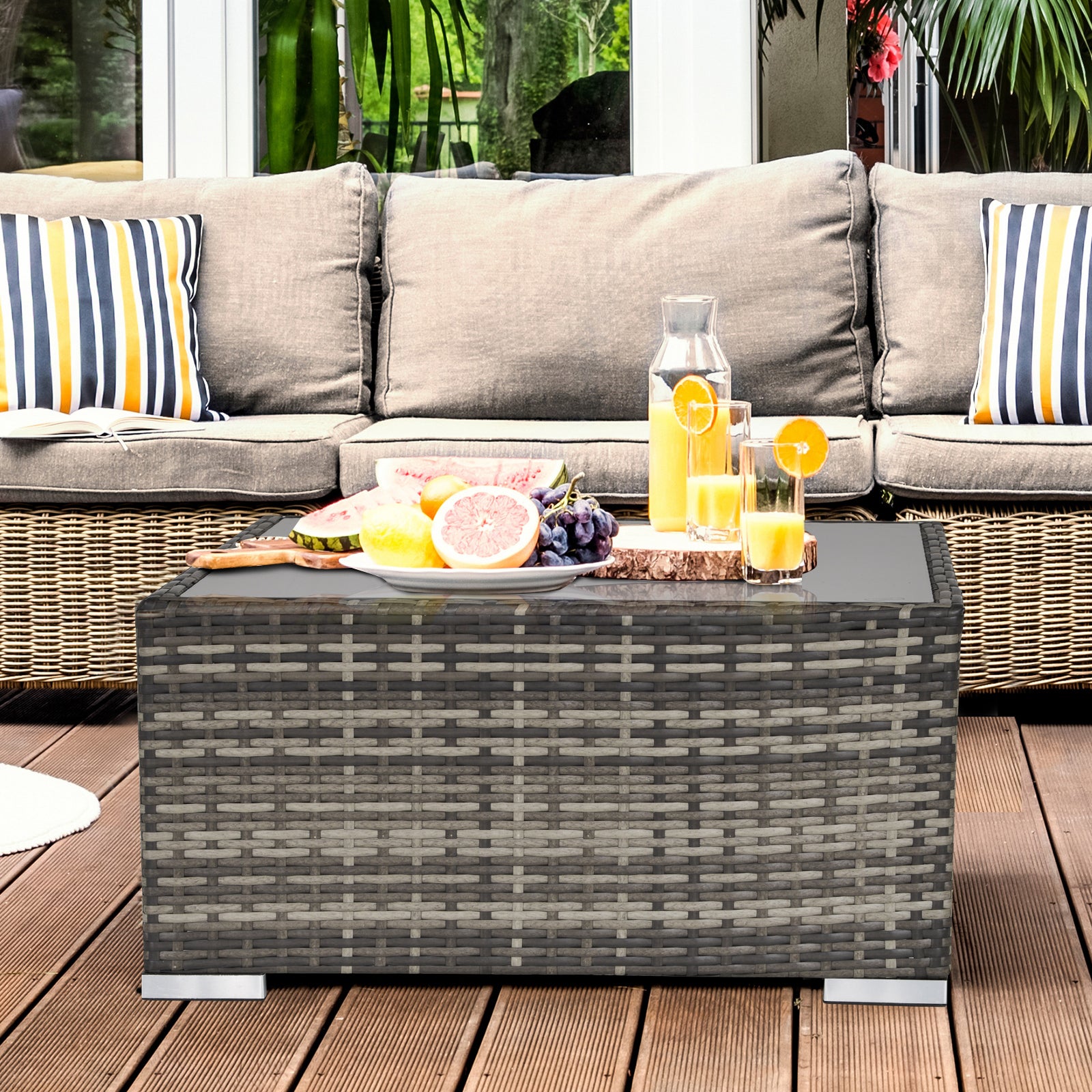 Garden Outdoor Rattan Corner Sofa,Single Sofa,Coffee Table Grey/Deep Grey
