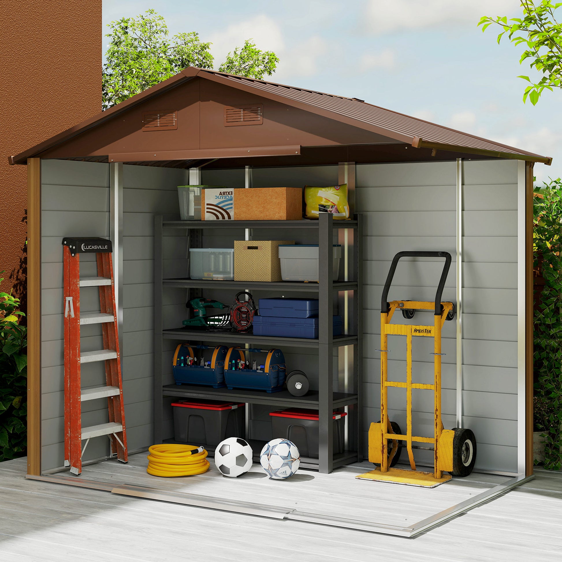 Garden Shed Tool Storage Overlap Construction Sliding Door Brown Wood Grain