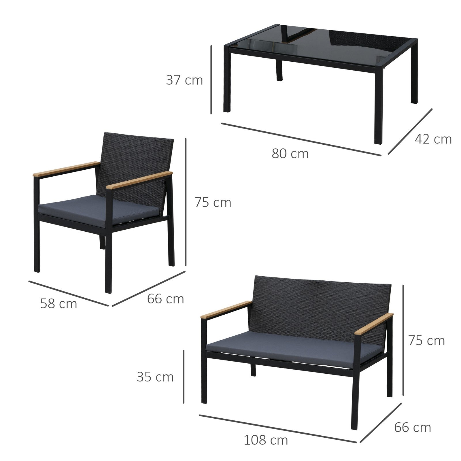 4 Pcs PE Rattan Furniture Set W/ 3 Cushioned Chairs Glass Tabletop Table, Black