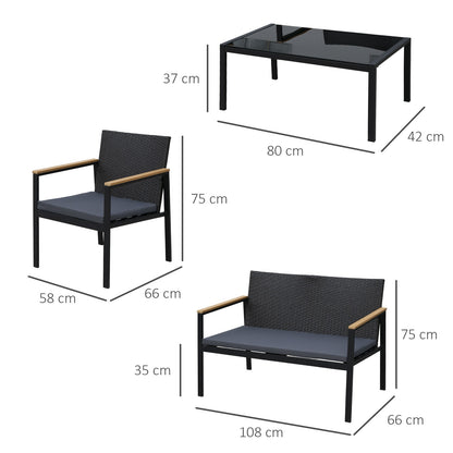 4 Pcs PE Rattan Furniture Set W/ 3 Cushioned Chairs Glass Tabletop Table, Black