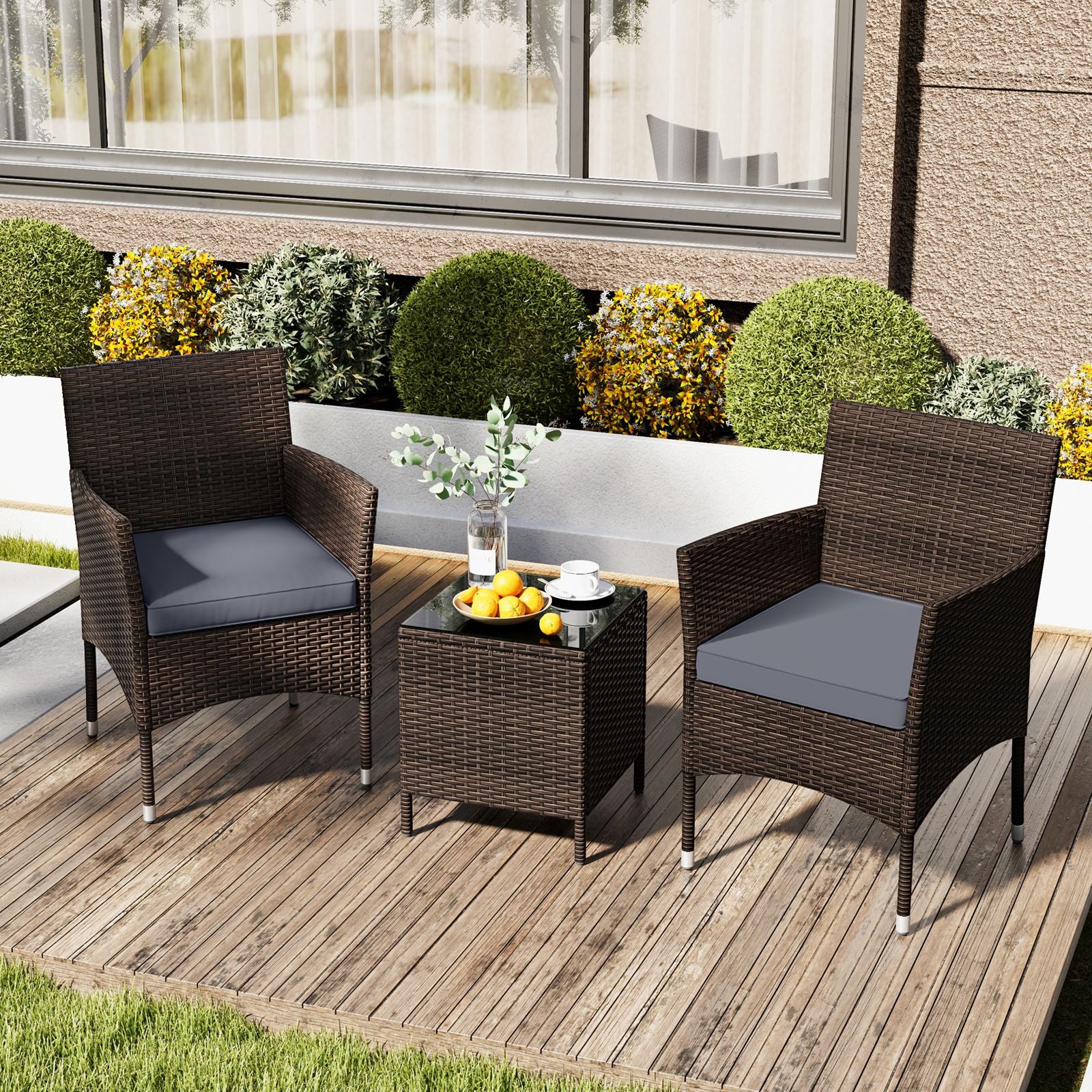 3 Pieces Patio Rattan Furniture Set with Soft Cushions and Glass Top Table