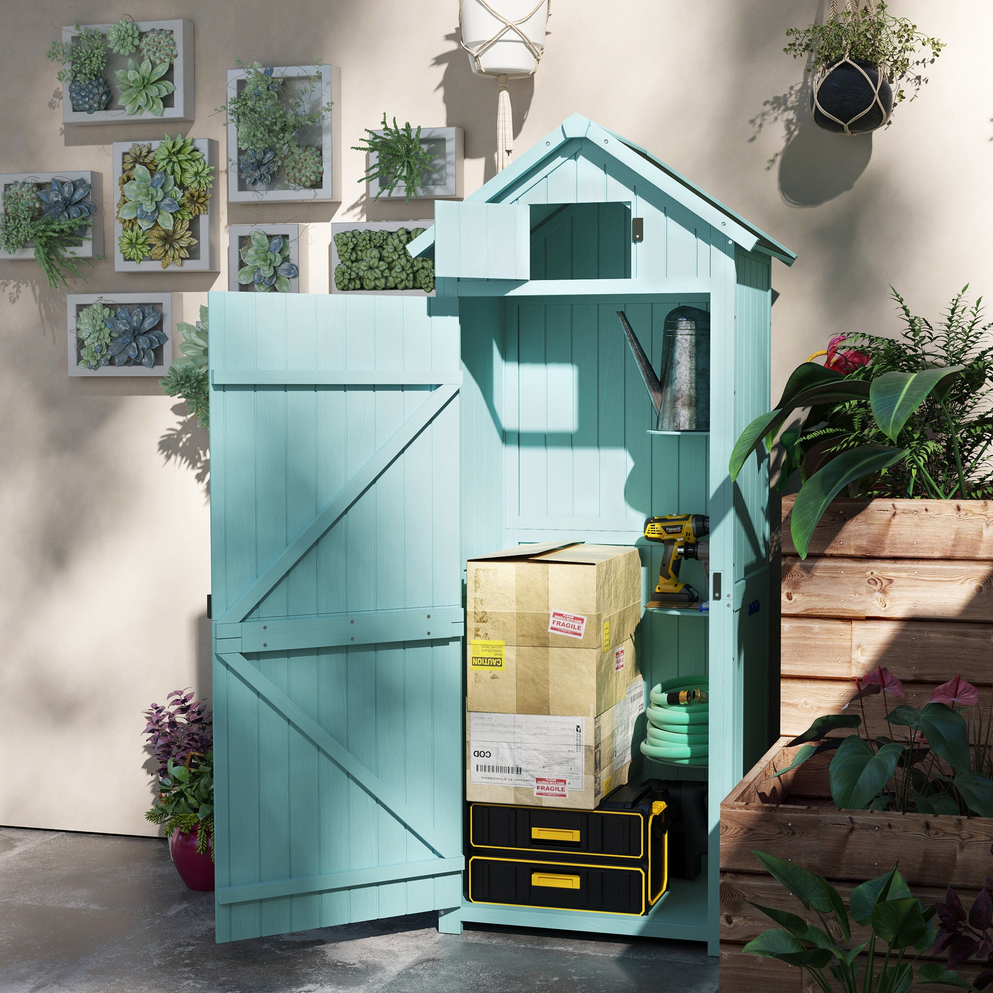 Garden Storage Shed 3 Utility Shelf Tool House W/ Asphalt Roof Lockabke Door