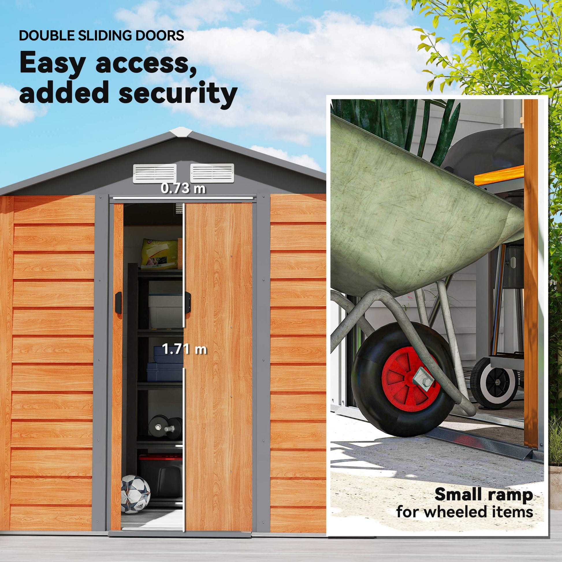 Garden Shed Tool Storage Overlap Construction Sliding Door Brown Wood Grain
