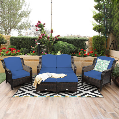 5 PCS Patio Furniture Set Outdoor Rattan Conversation Sofa Set Removable Cushion