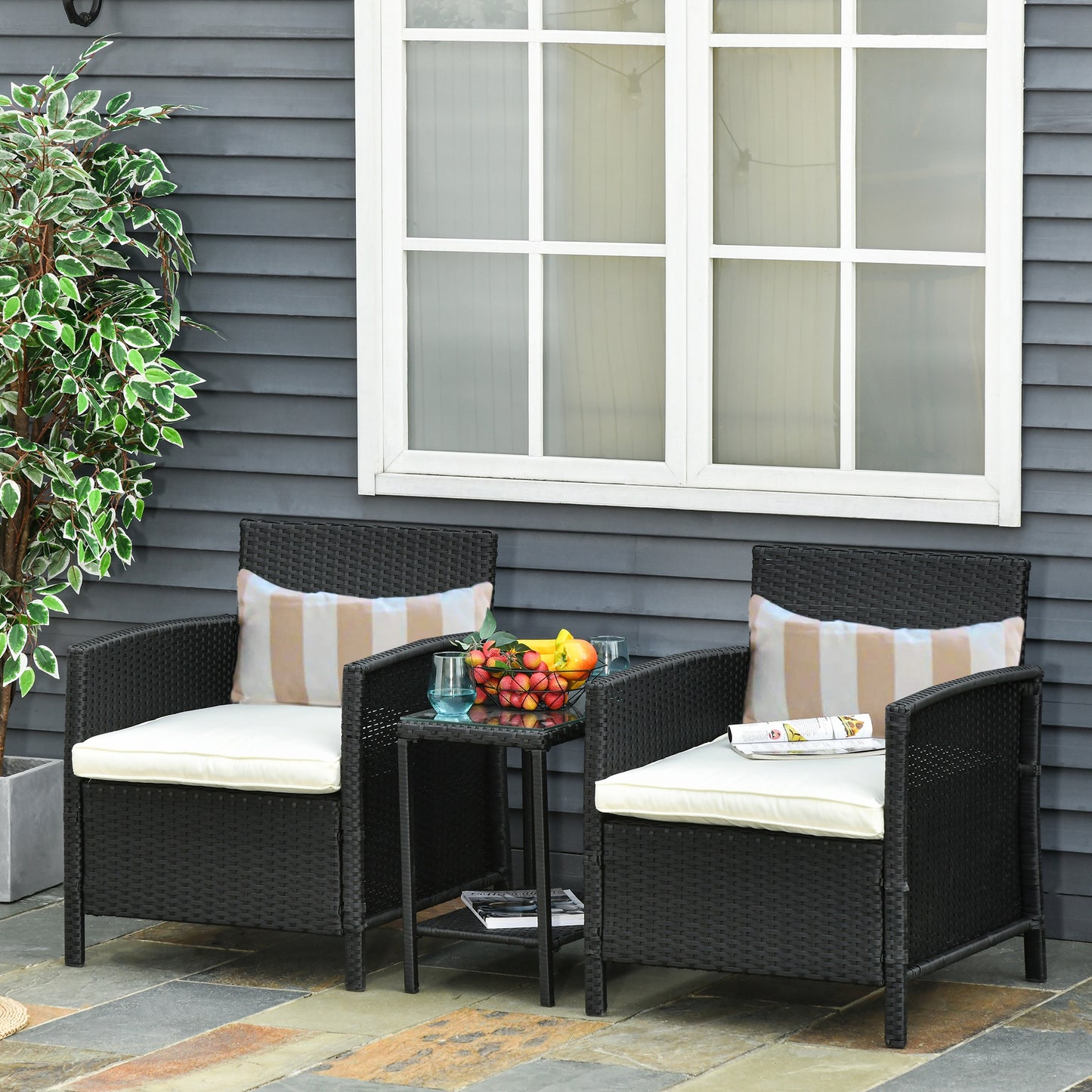 3 Pcs Rattan Outdoor Patio Set 2 Cushioned Single Sofa Coffee Table Conservatory