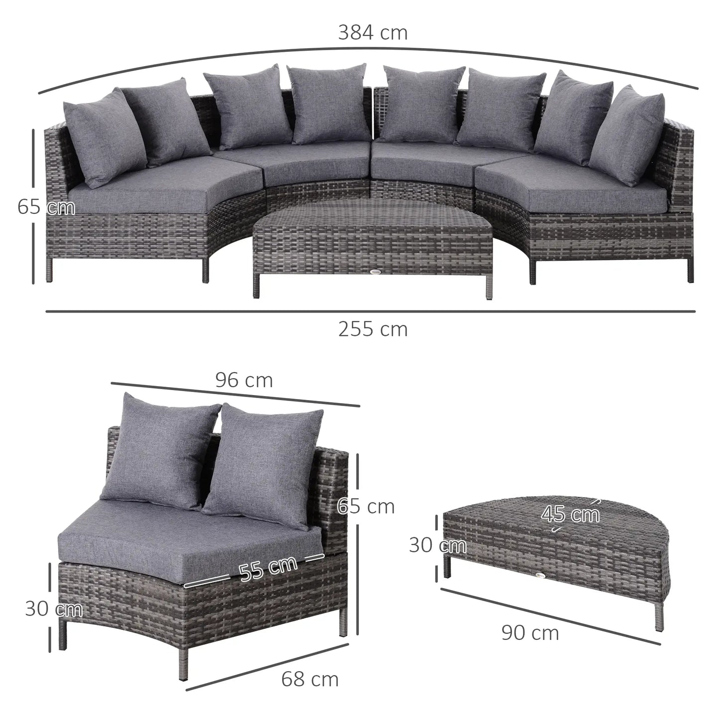 Outsunny 5 Pieces Rattan Garden Furniture Set, 4 Seater Half-Round Garden Sofa Set with Thickened Cushions