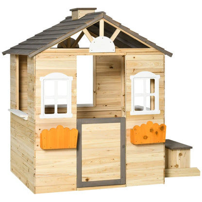 Outsunny Wooden Kids Playhouse Outdoor Garden Games Cottage, Windows, Bench, Service Stations, Flowerpot Holder