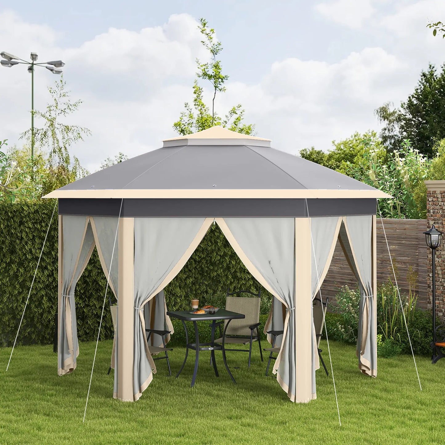 Outsunny 3 x 4m Metal Frame Hexagon Gazebo, with Curtains