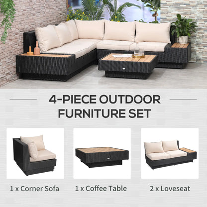 Outsunny 4 PCs Rattan Garden Furniture Outdoor Sectional Corner Sofa and Coffee Table Set