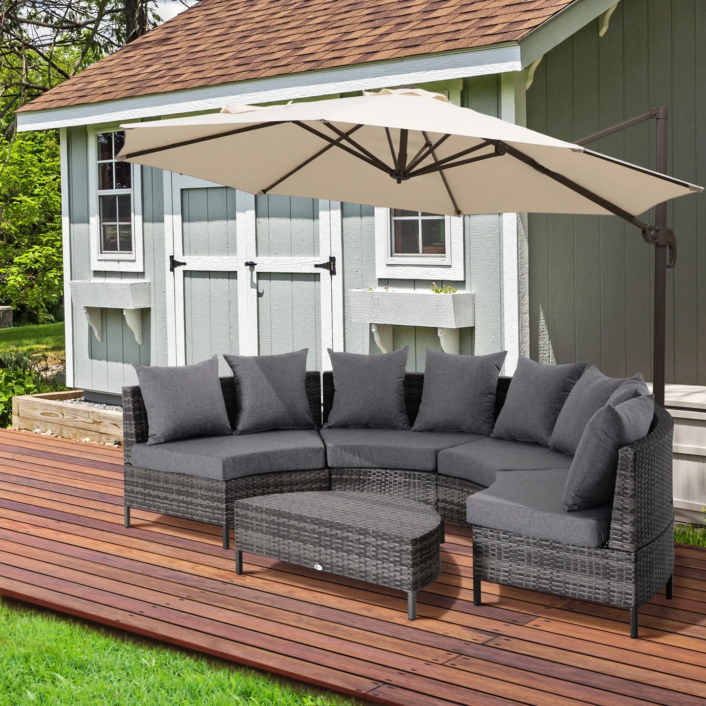 Outsunny 5 Pieces Rattan Garden Furniture Set, 4 Seater Half-Round Garden Sofa Set with Thickened Cushions