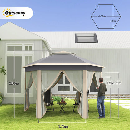 Outsunny 3 x 4m Metal Frame Hexagon Gazebo, with Curtains