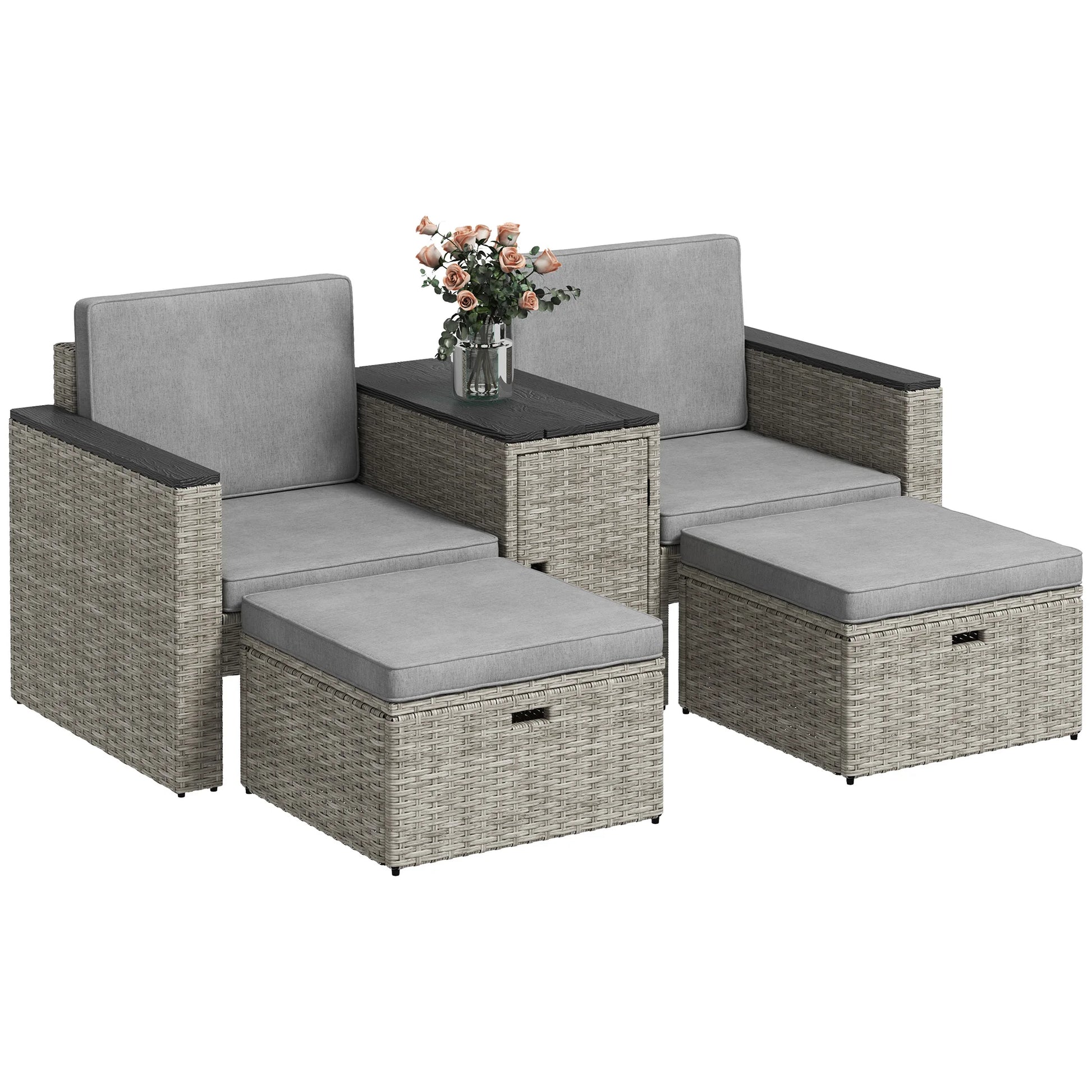 5 Piece Rattan Garden Furniture Set, Nesting Outdoor Furniture Conversation Set with 2 Footstools, WPC Storage Table