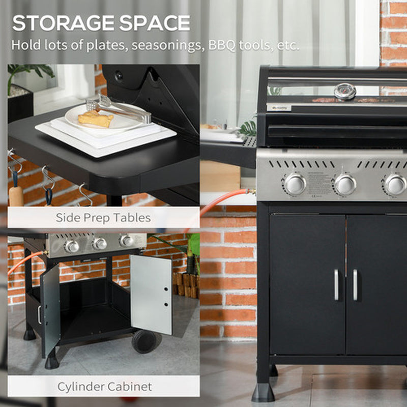 3 Burner Gas BBQ Trolley with See-Through Lid, 9 Kw Propane Gas Barbecue, Black