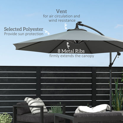 3(M) LED Patio Banana Umbrella Cantilever Parasol W/ Solar Lights Crank Handle