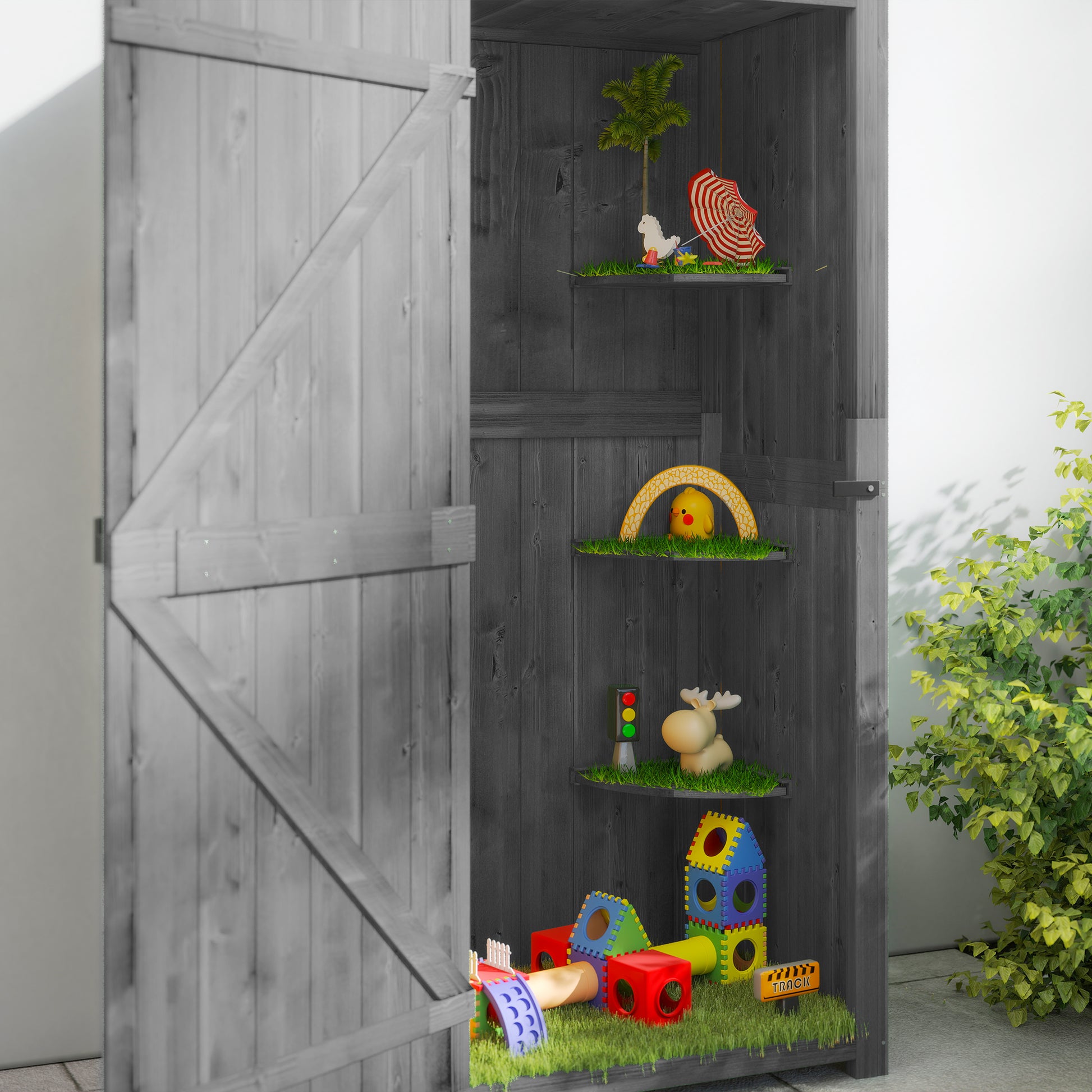 Garden Storage Shed 3 Shelves Tool House W/ Asphalt Roof 77 X 54 X 179 Cm