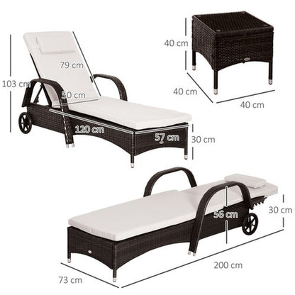 3PC Rattan Sun Lounger Wicker Sofa Day Bed Recliner Furniture Garden Patio Brown