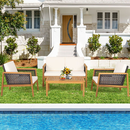 4-Piece Patio Acacia Wood Furniture Set with Removable Cushions