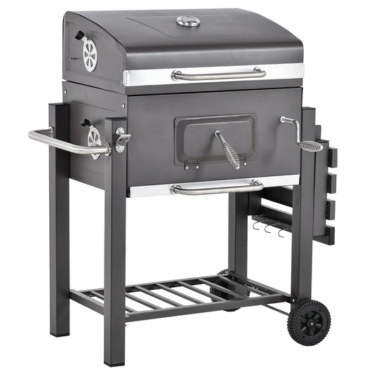 Charcoal Grill BBQ Trolley with Adjustable Charcoal Grate, Garden Metal