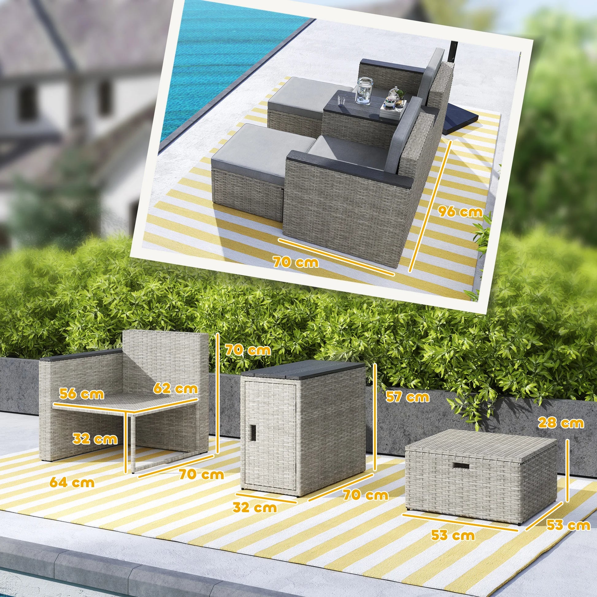 5 Piece Rattan Garden Furniture Set, Nesting Outdoor Furniture Conversation Set with 2 Footstools, WPC Storage Table