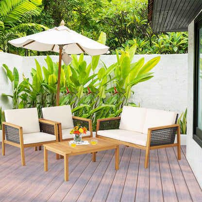4-Piece Patio Acacia Wood Furniture Set with Removable Cushions