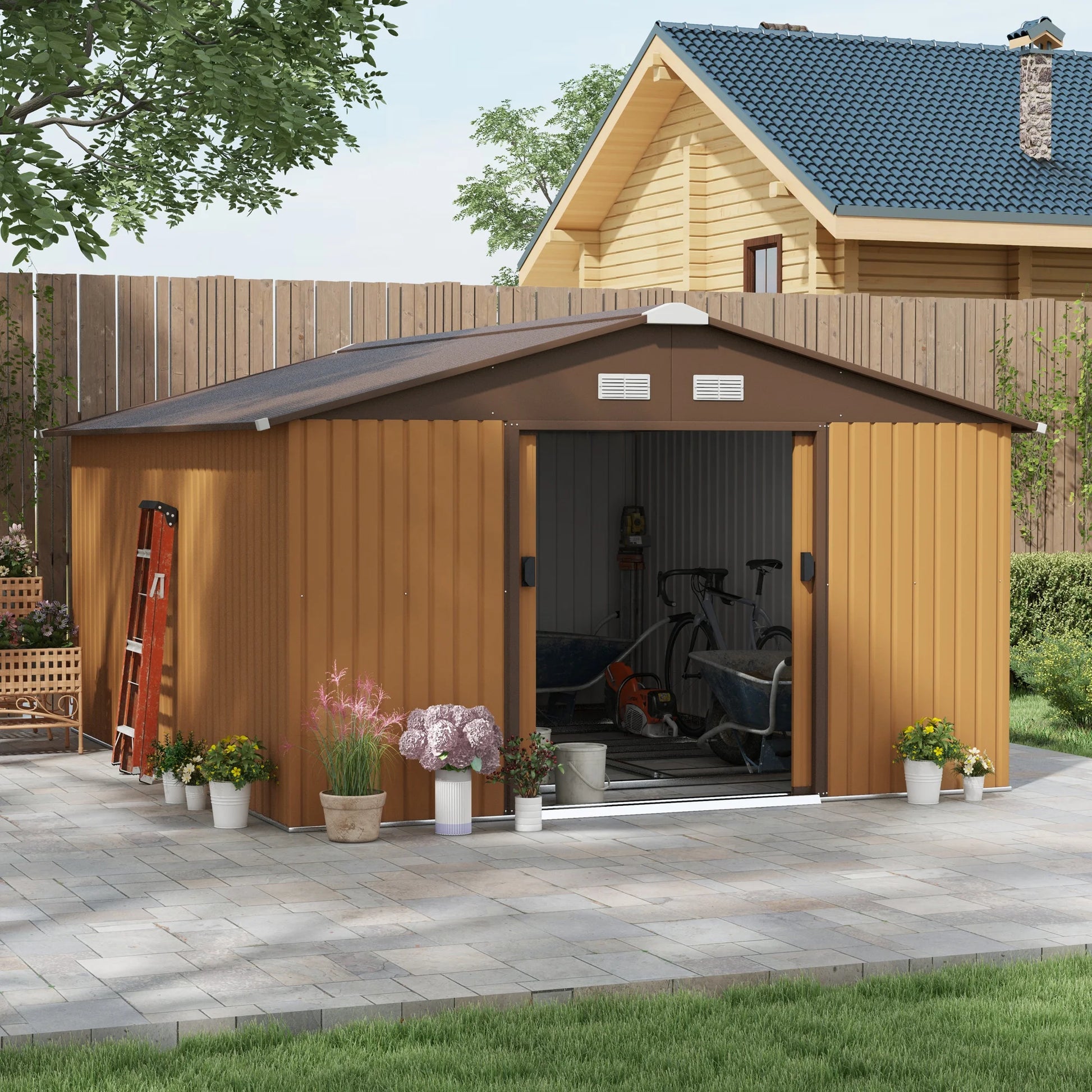 13 X 11Ft Garden Shed Storage with Locking Door and Foundation Kit, Light Brown
