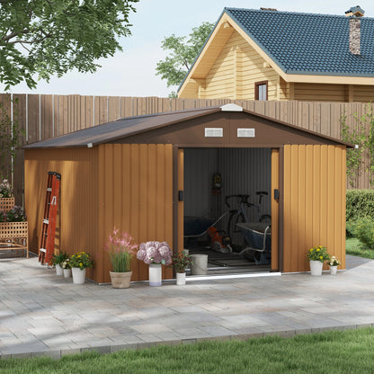 13 X 11Ft Garden Shed Storage with Locking Door and Foundation Kit, Light Brown
