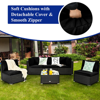 6 Piece Outdoor Rattan Sofa Set with Soft Seat and Back Cushions