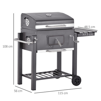 Charcoal Grill BBQ Trolley Wheels Garden Metal Barbecue W/ Shelf Grey