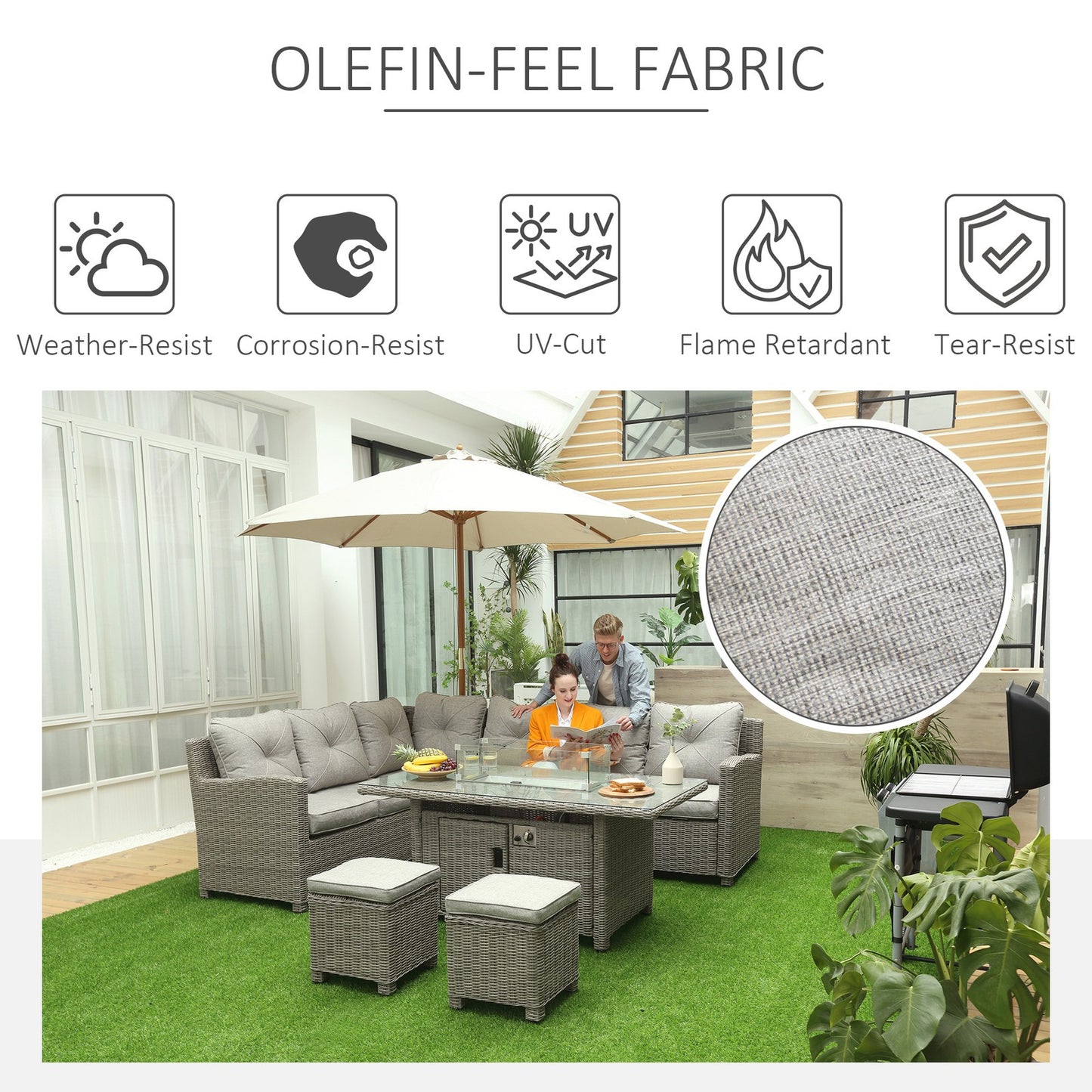 5 Pcs Outdoor Rattan Corner Dining Set Footstool Gas Fire Pit Table Furniture