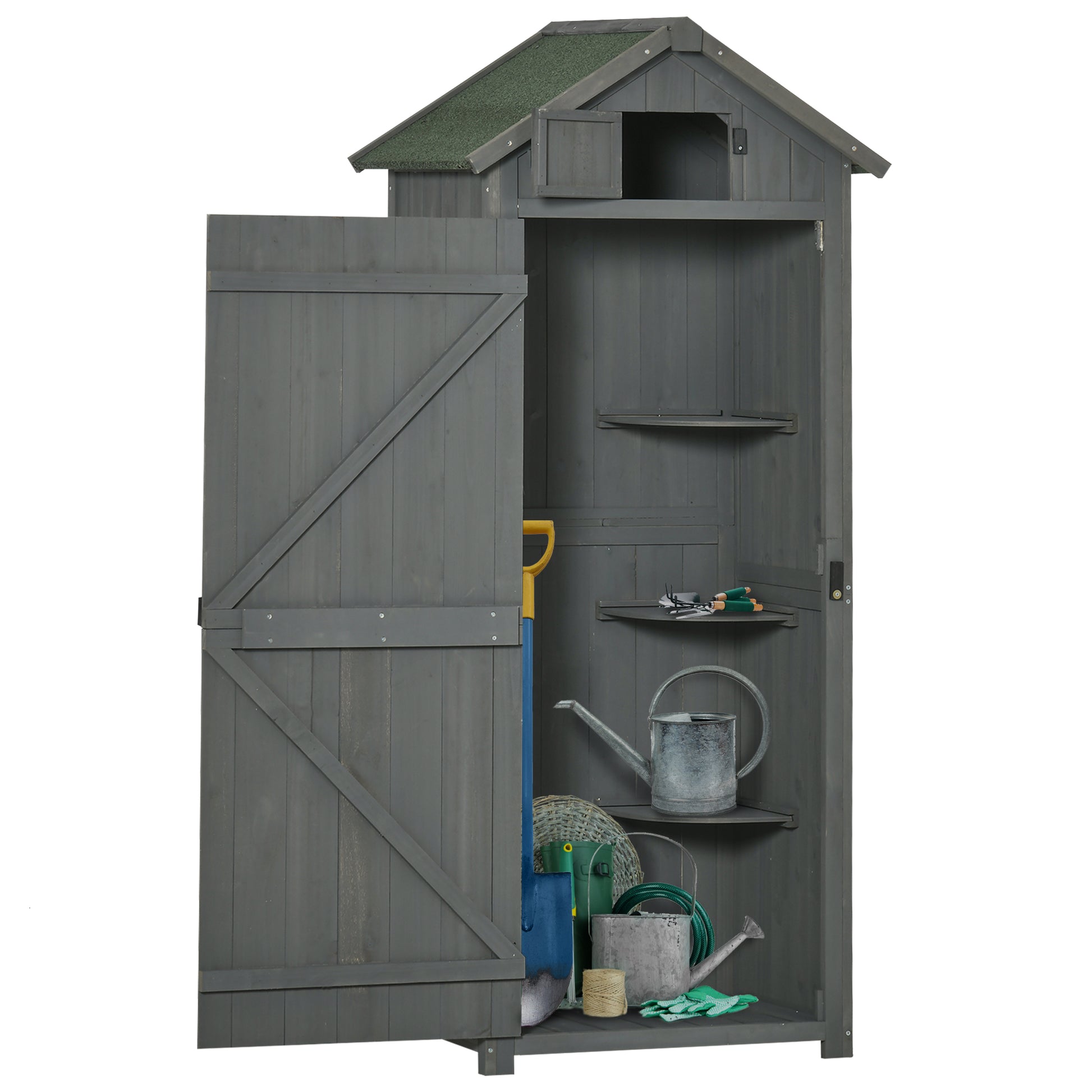 Garden Storage Shed 3 Utility Shelf Tool House W/ Asphalt Roof Lockabke Door
