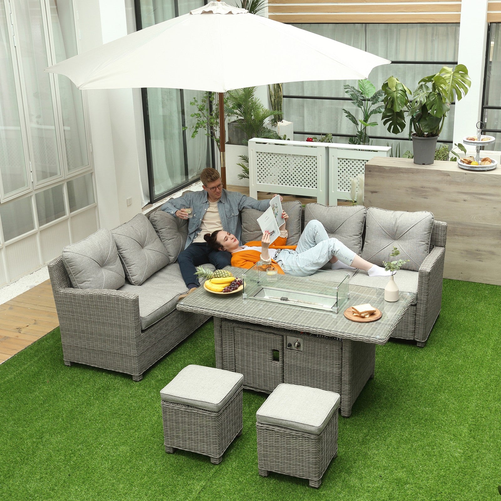 5 Pcs Outdoor Rattan Corner Dining Set Footstool Gas Fire Pit Table Furniture