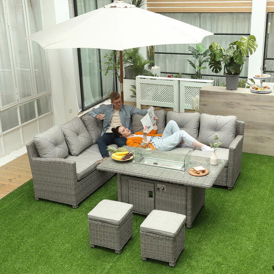 5 Pcs Outdoor Rattan Corner Dining Set Footstool Gas Fire Pit Table Furniture