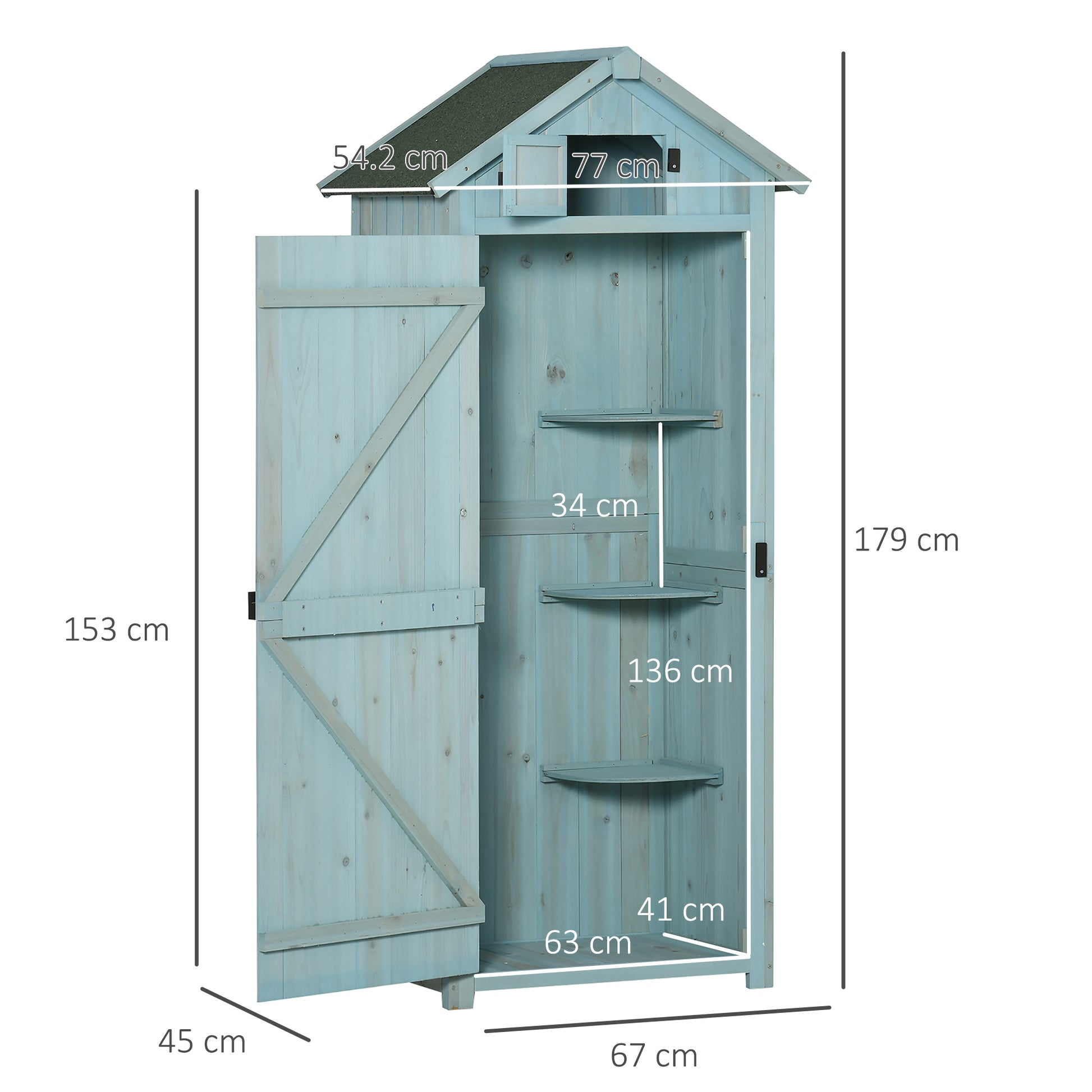 Garden Storage Shed 3 Shelves Tool House W/ Asphalt Roof 77 X 54 X 179 Cm