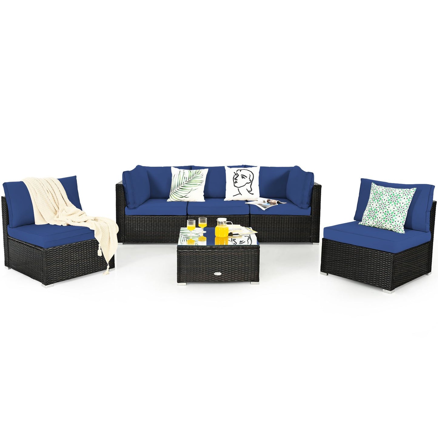 6 Piece Outdoor Rattan Sofa Set with Soft Seat and Back Cushions