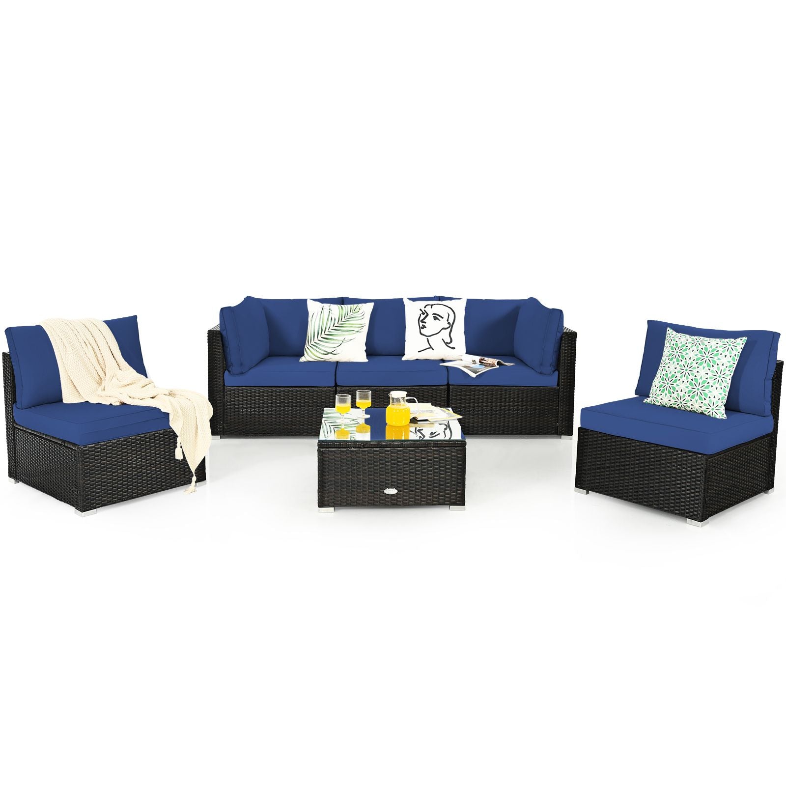 6 Piece Outdoor Rattan Sofa Set with Soft Seat and Back Cushions