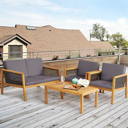 4-Piece Patio Acacia Wood Furniture Set with Removable Cushions