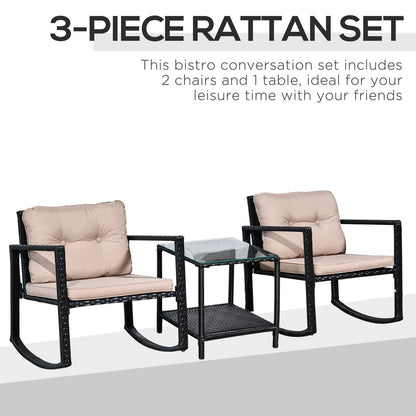 3Pcs Rattan Rocking Set Patio Bistro Table Chairs Conversation W/ Cushion