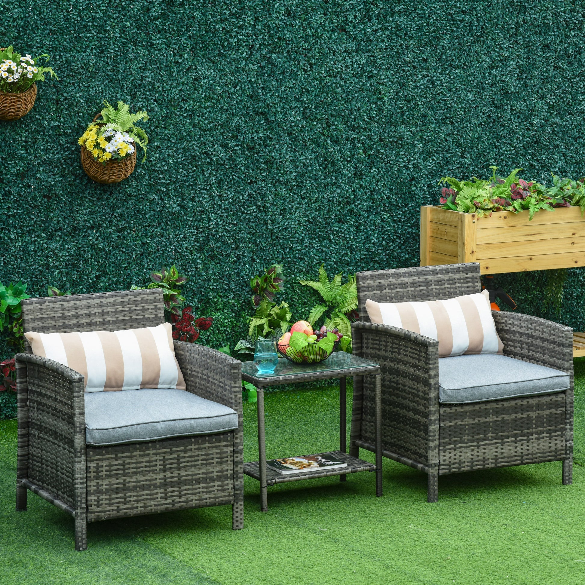 3 Pcs Rattan Outdoor Patio Set 2 Cushioned Single Sofa Coffee Table Conservatory