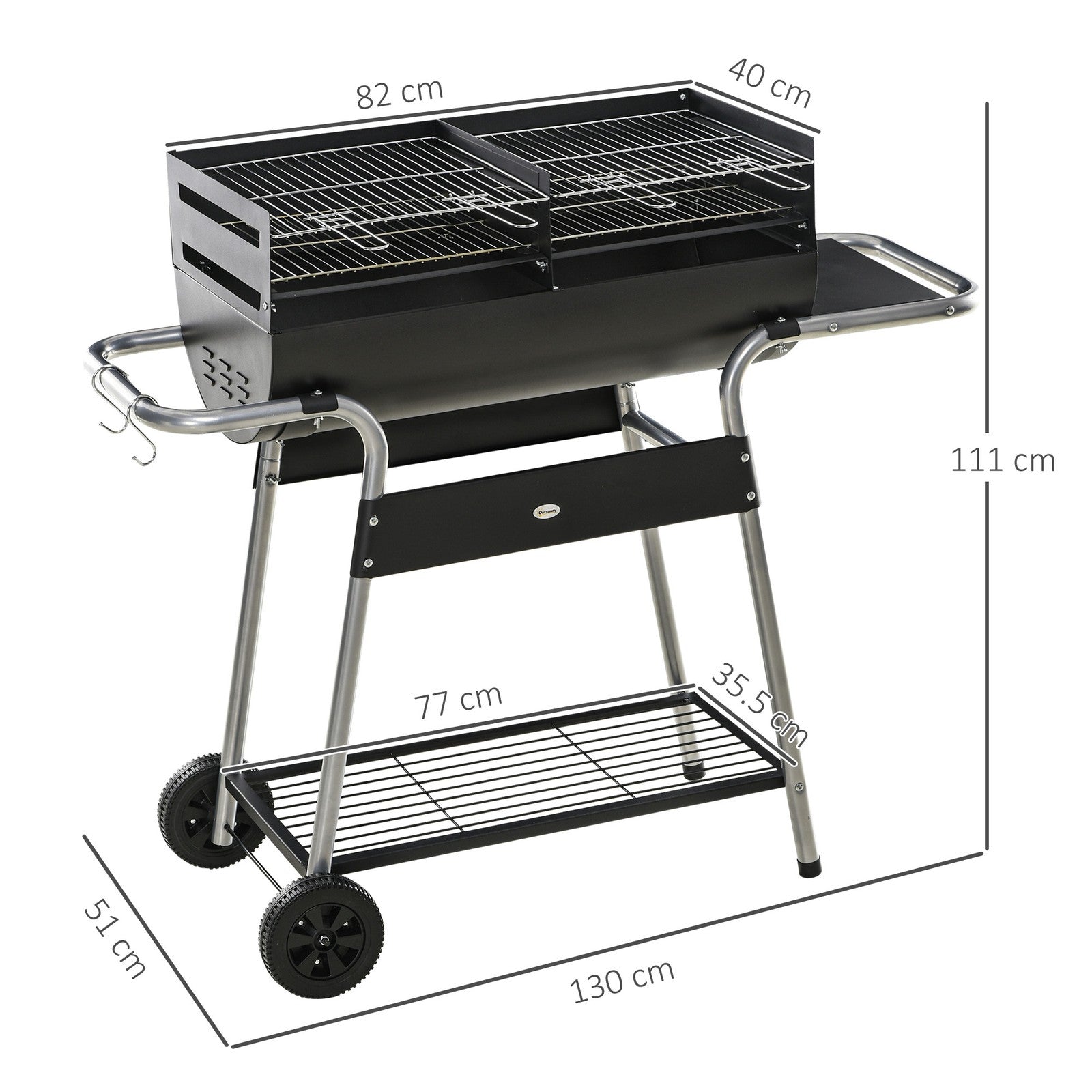 Charcoal Barbecue Grill Trolley with Double Grill, Side Table and Storage Shelf