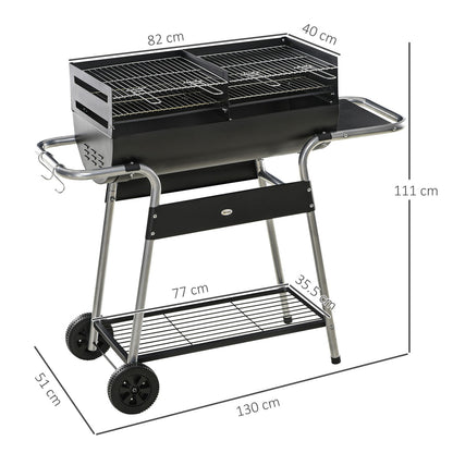 Charcoal Barbecue Grill Trolley with Double Grill, Side Table and Storage Shelf