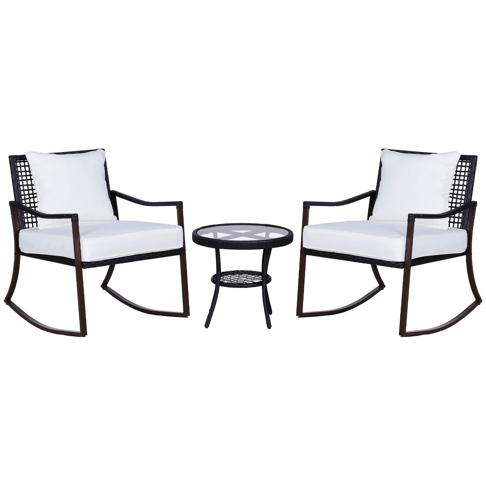 3 Pieces Rocking Chair Bistro Set Furniture Coffee Table Rattan Wicker Brown