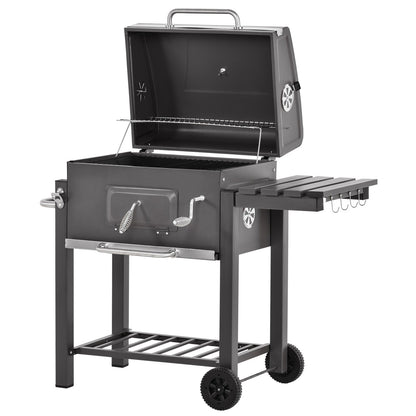 Charcoal Grill BBQ Trolley Wheels Garden Metal Barbecue W/ Shelf Grey