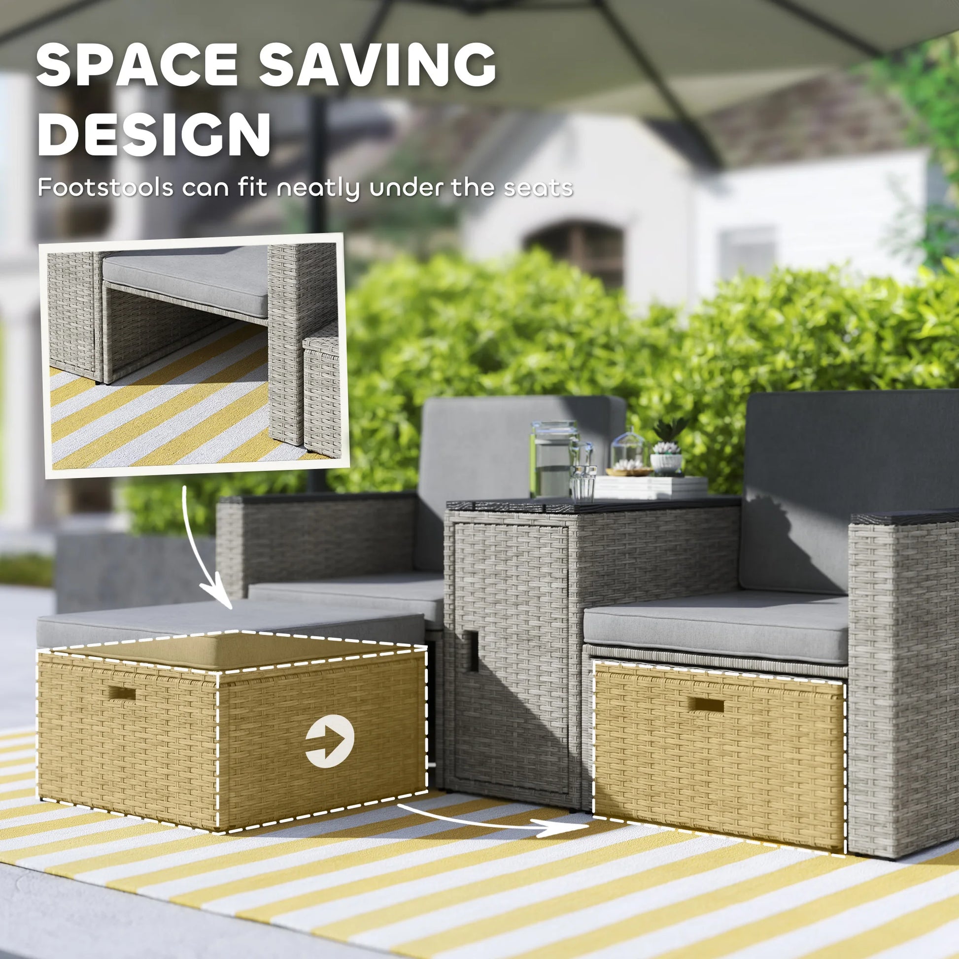 5 Piece Rattan Garden Furniture Set, Nesting Outdoor Furniture Conversation Set with 2 Footstools, WPC Storage Table