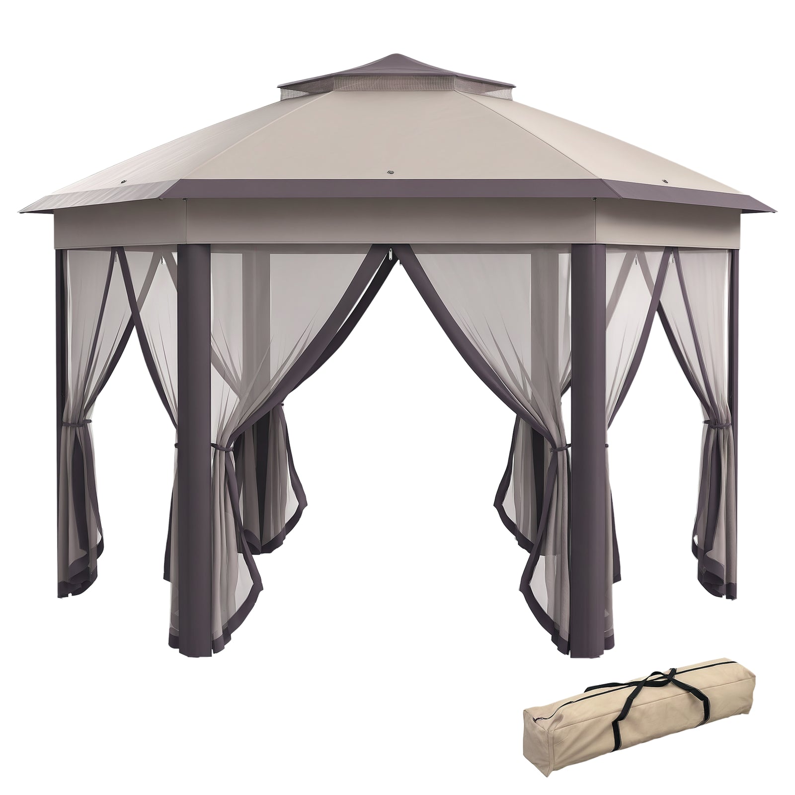 Hexagon Patio Gazebo Garden Shelter Heavy-Duty Double Roof W/ Mesh, 3 X 4M