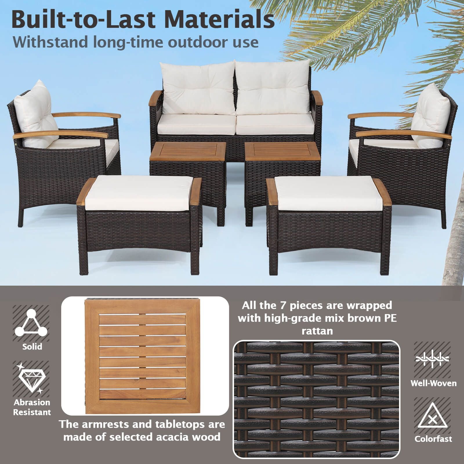 7 Piece Patio Rattan Sofa Set Outdoor with Cushions and Ottomans