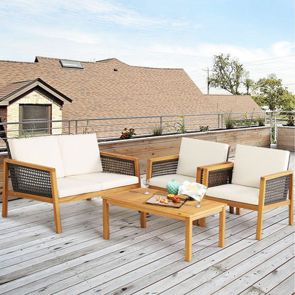 4-Piece Patio Acacia Wood Furniture Set with Removable Cushions
